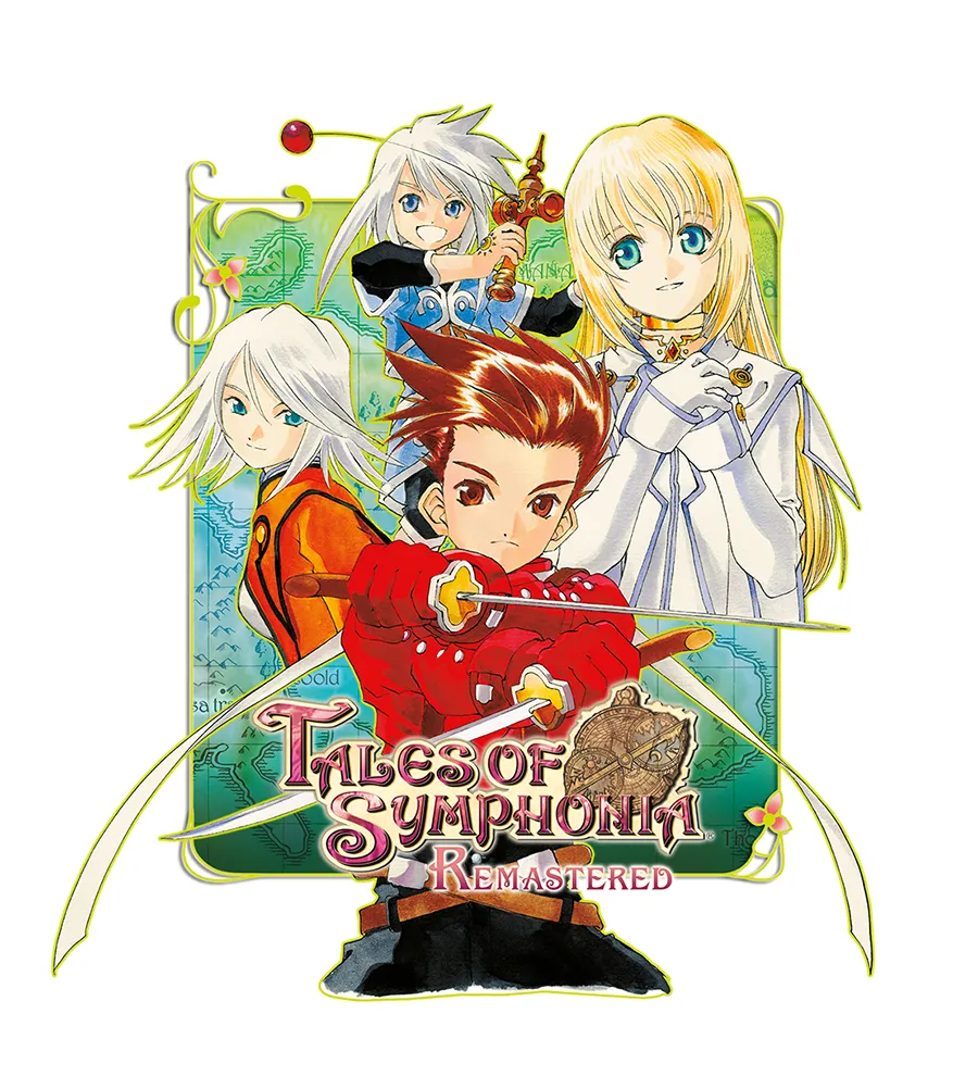 Tales of Symphonia Remastered tall key art, featuring Lloyd Irving, Raine Sage, Genis Sage, and Colette Brunel.