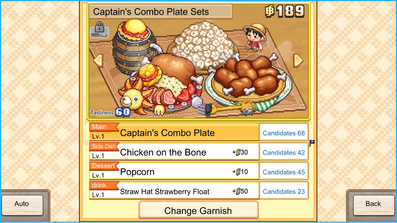 Màn hình Captain’s Combo Plate Sets hiển thị đĩa thức ăn lớn, Luffy và các mục món chính, món phụ, tráng miệng, đồ uống.
