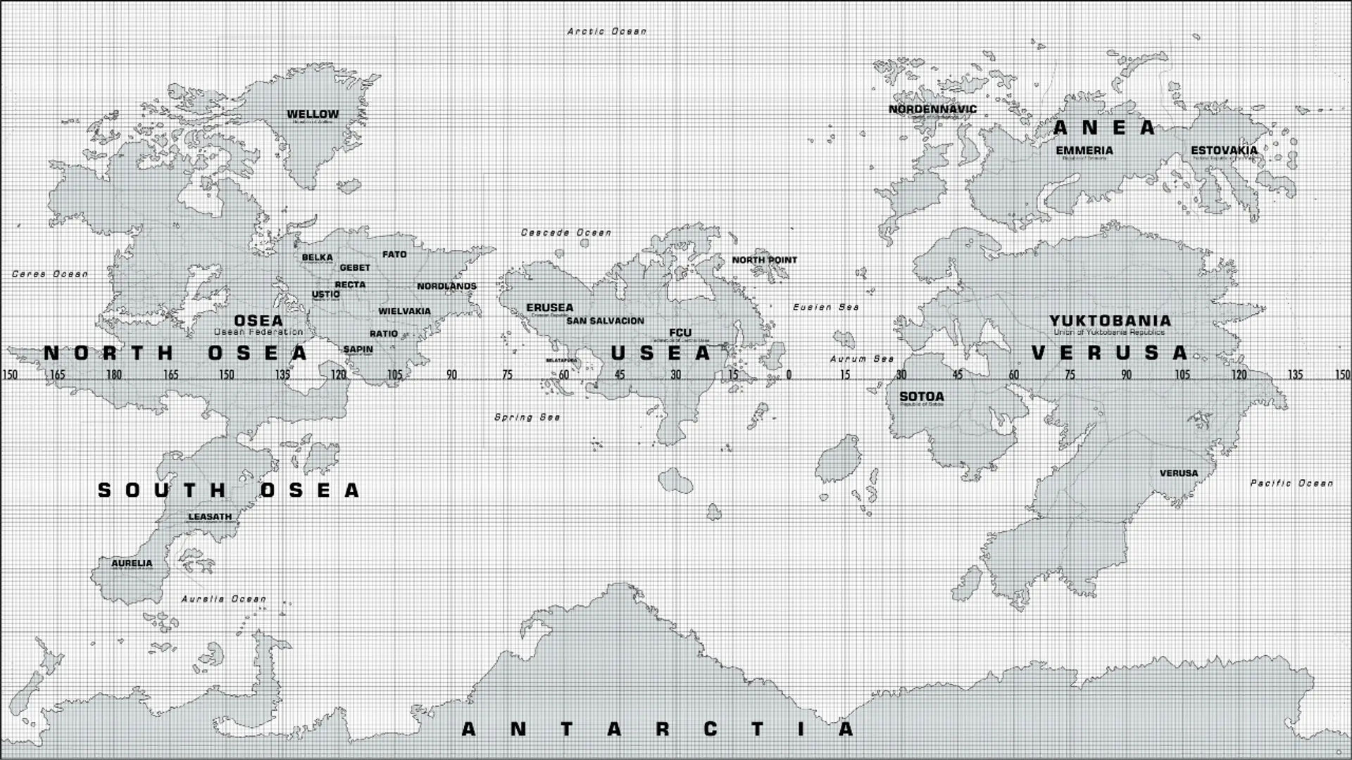 Ace Combat 8: Wings of Theve world map featuring Osea, Usea, Erusea, Yuktobania and Antarctica regions