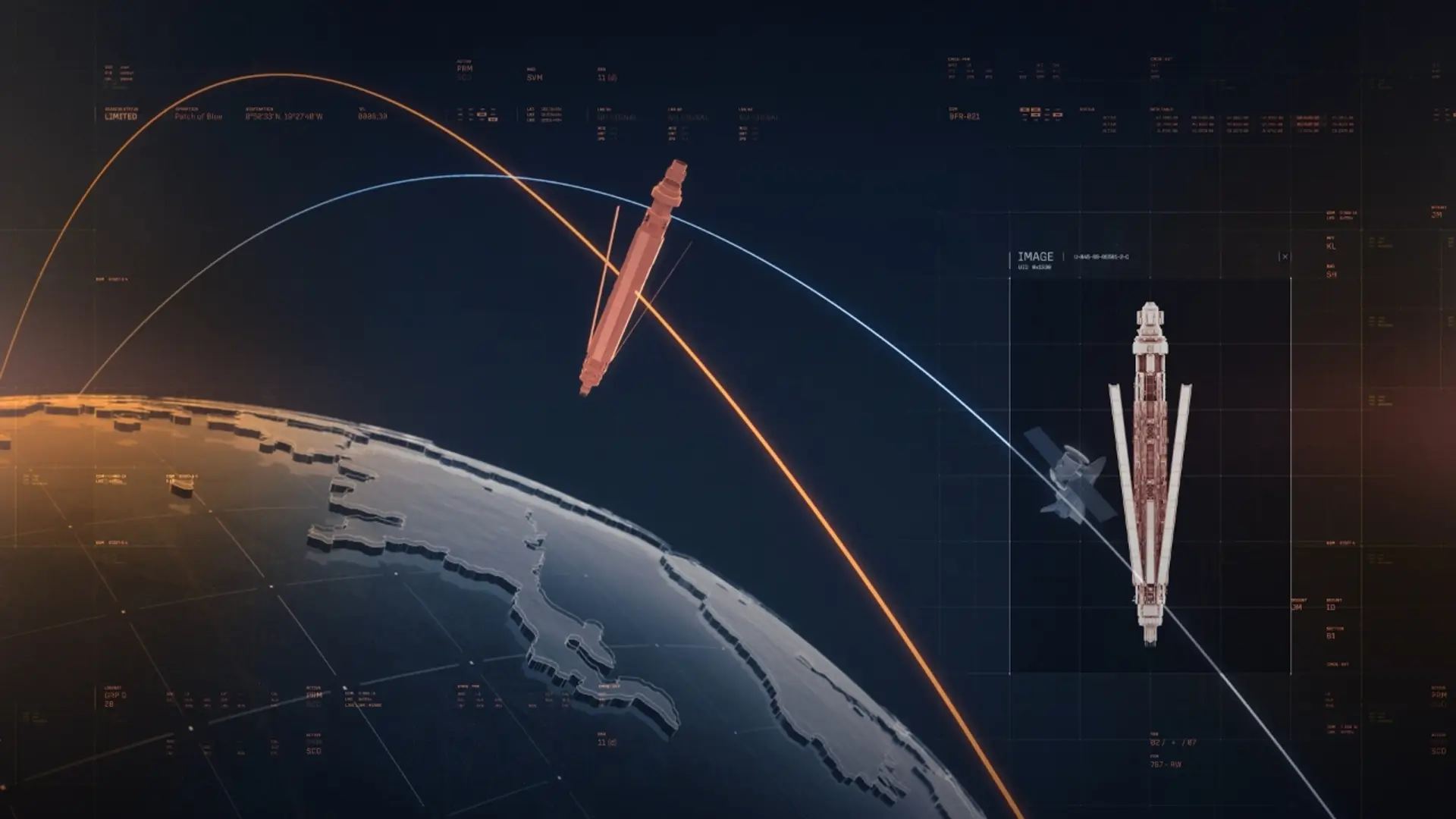 Ace Combat 8: Wings of Theve mission types screen showing satellite and rocket launch trajectory