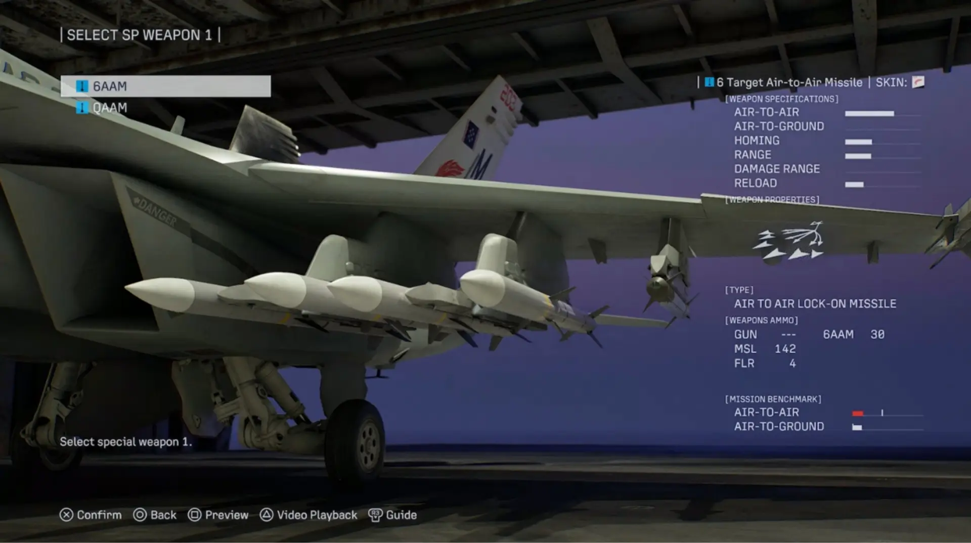 Ace Combat 8: Wings of Theve special weapons menu with F/A-18F loadout and 6AAM missiles