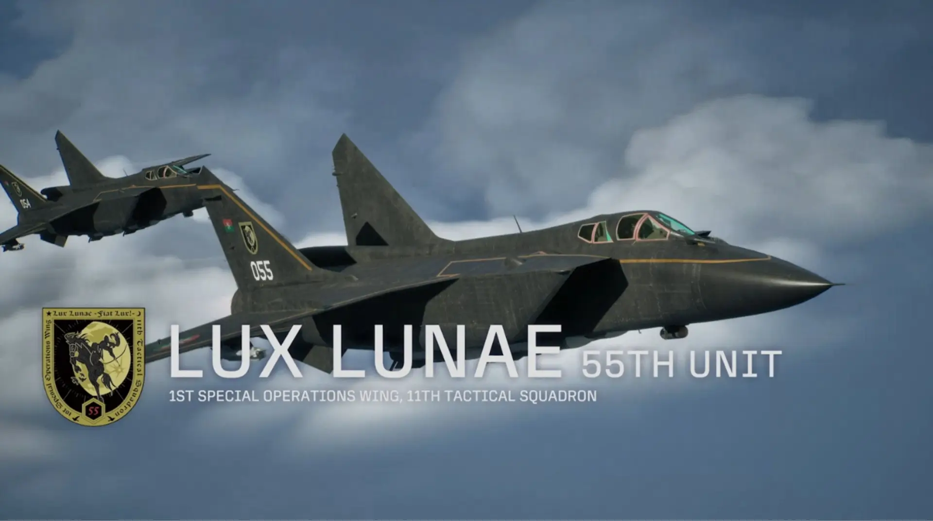 Ace Combat 8: Wings of Theve Lux Lunae 55th Unit stealth fighter squadron insignia and jets