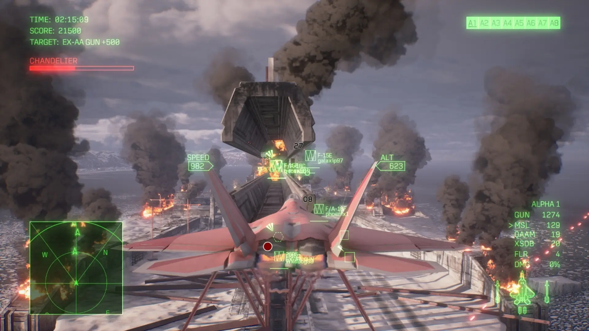 Ace Combat 8: Wings of Theve online multiplayer dogfight with HUD targeting over burning carrier