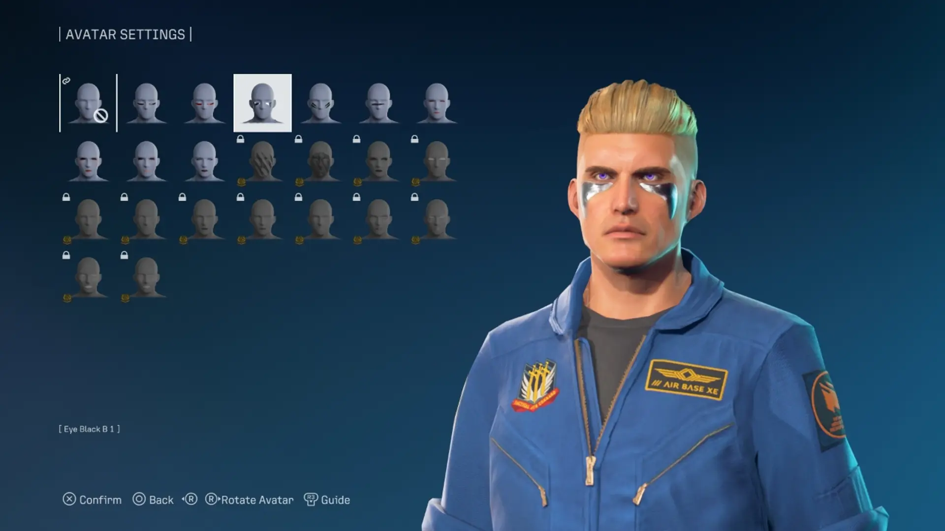 Ace Combat 8: Wings of Theve avatar customization screen with pilot character and face options
