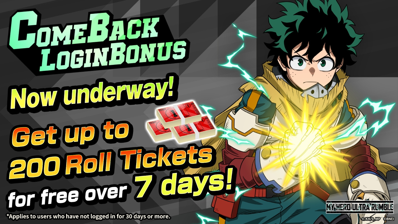 My Hero Ultra Rumble Comeback Login Bonus – earn up to 200 Roll Tickets free over 7 days