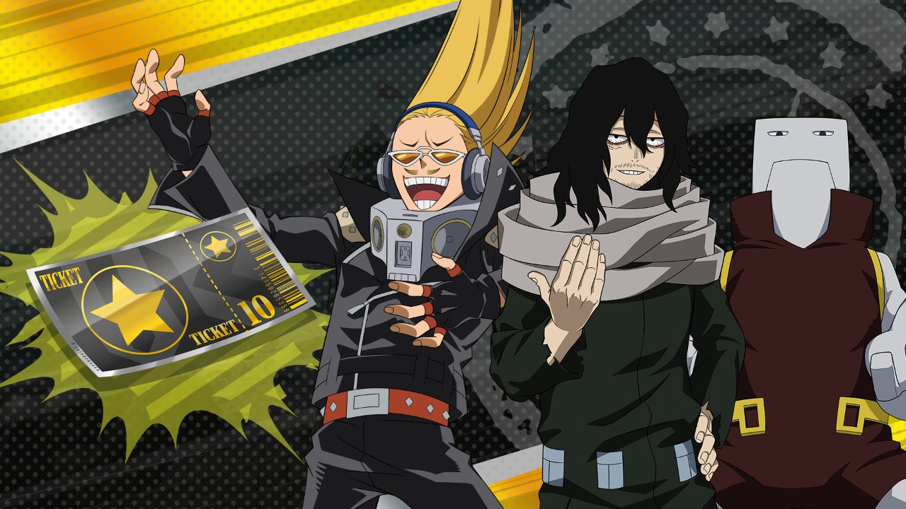 My Hero Ultra Rumble Pro Mission event banner featuring Present Mic, Eraserhead and Vlad King
