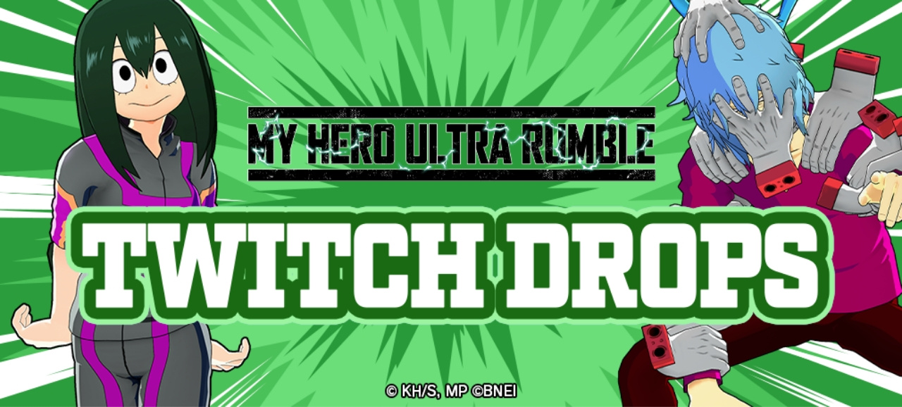 My Hero Ultra Rumble Twitch Drops event banner featuring Tsuyu Asui and Shoji